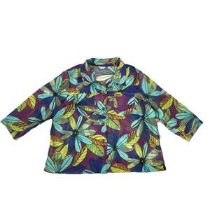 Erin London 3/4 Sleeve Semi-Sheer Tropical Floral Boho Beach 1X Blouse Resort